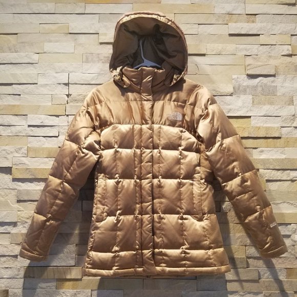 North Face Womens XS Goose Down Winter Puffer Jacket Gold Hood Parka Puff Coat